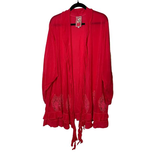 Johnny Was Tops - Johnny Was Womens Pink Crochet Detailed Kimono Cardigan Cupra Rayon Size 2X